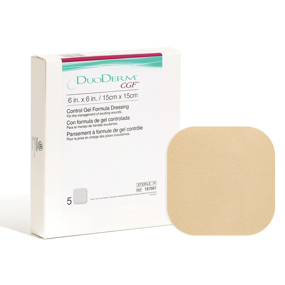 ConvaTec DuoDERM Control 6x6 dressing box in convenient 5-count packaging.