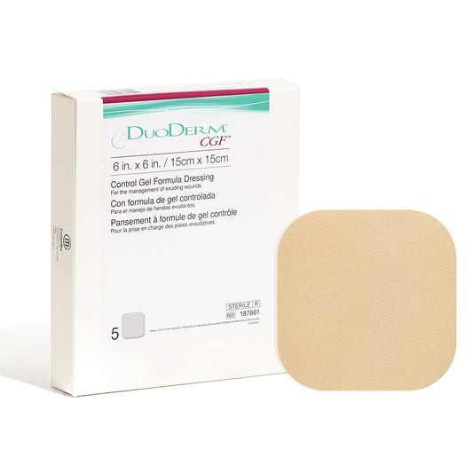 ConvaTec DuoDERM Control 6x6 dressing box in convenient 5-count packaging.