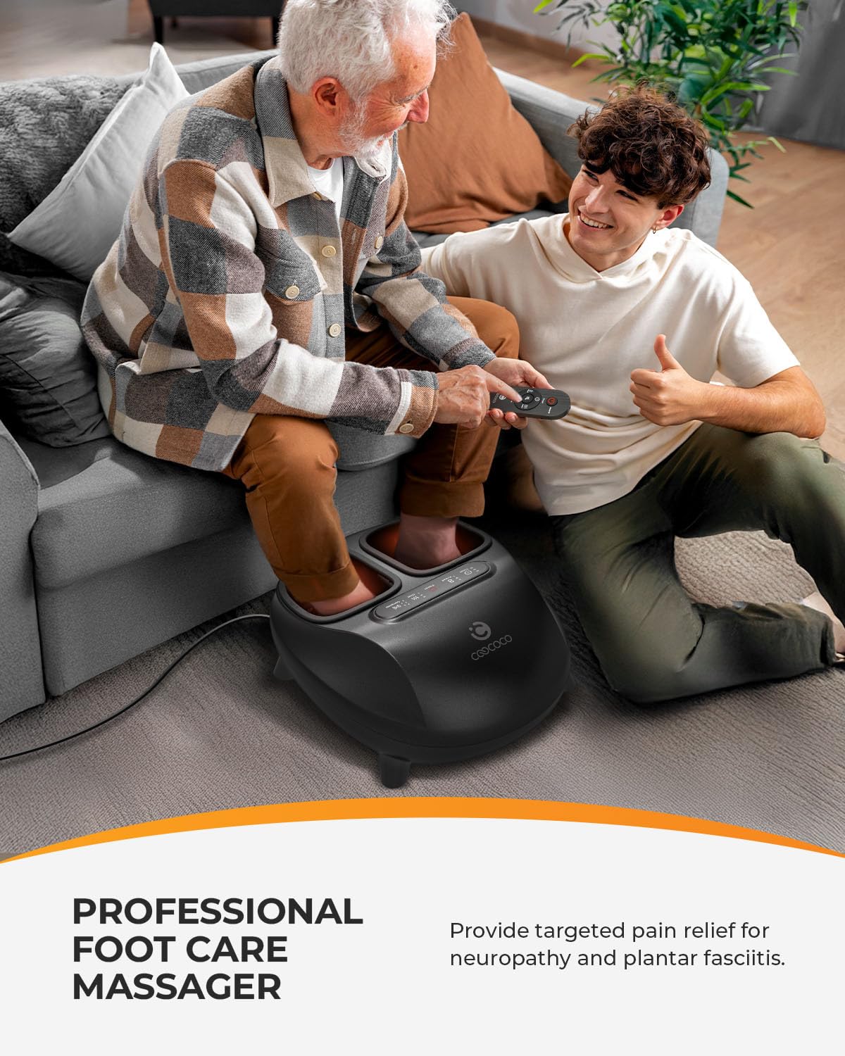 CooCoCo foot massager showing heat mode for soothing warmth.