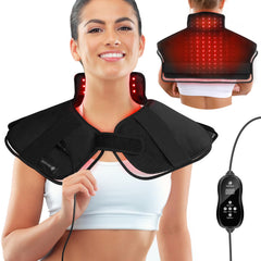 Coococo heating pad around neck, shoulders, and back for broad, targeted warmth.