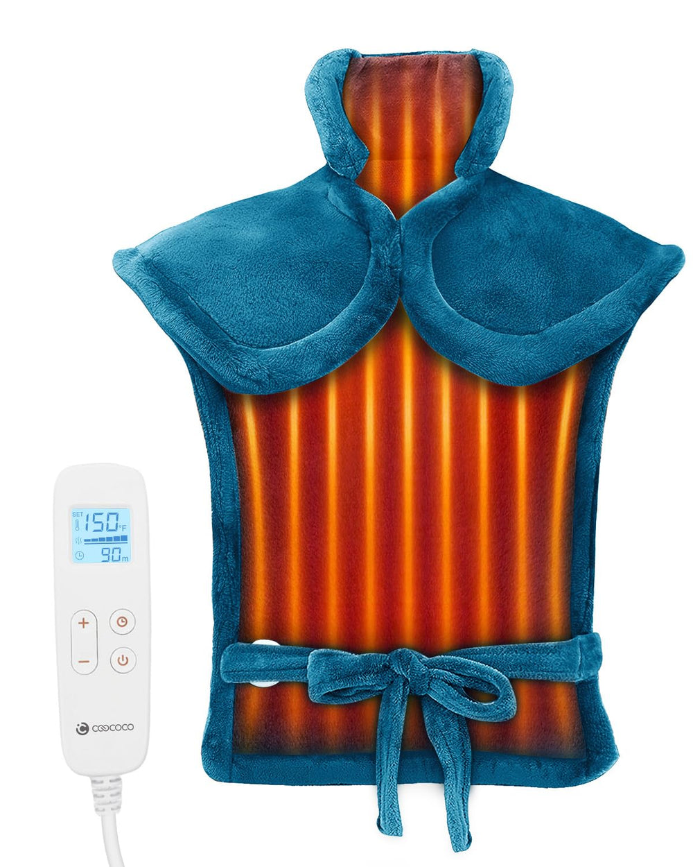 CooCoCo heating pad on neck and shoulders delivers soothing heat for tense muscles.