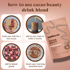 Copina Co. cacao beauty morning ritual with glass suggests daily vitality.