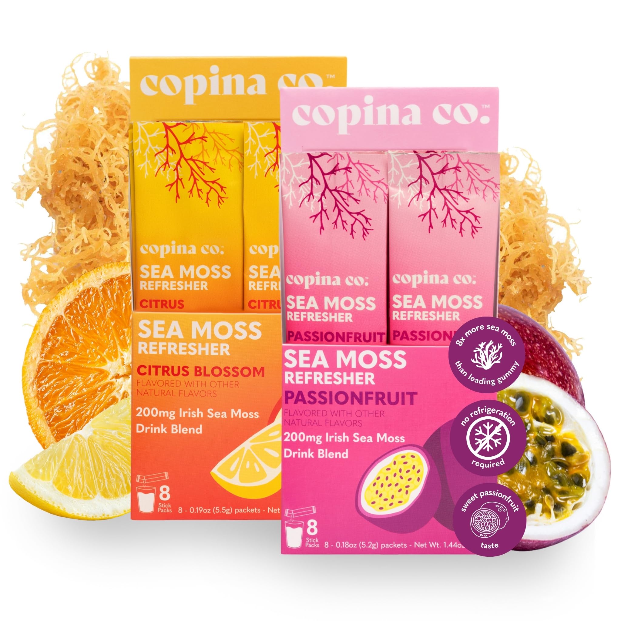Copina Co organic Irish sea moss powder stick pack passionfruit for on-the-go hydration and gut support.