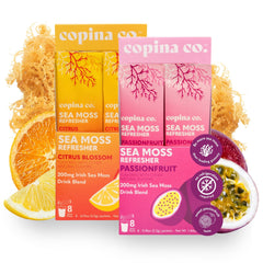 Copina Co organic Irish sea moss powder stick pack passionfruit for on-the-go hydration and gut support.