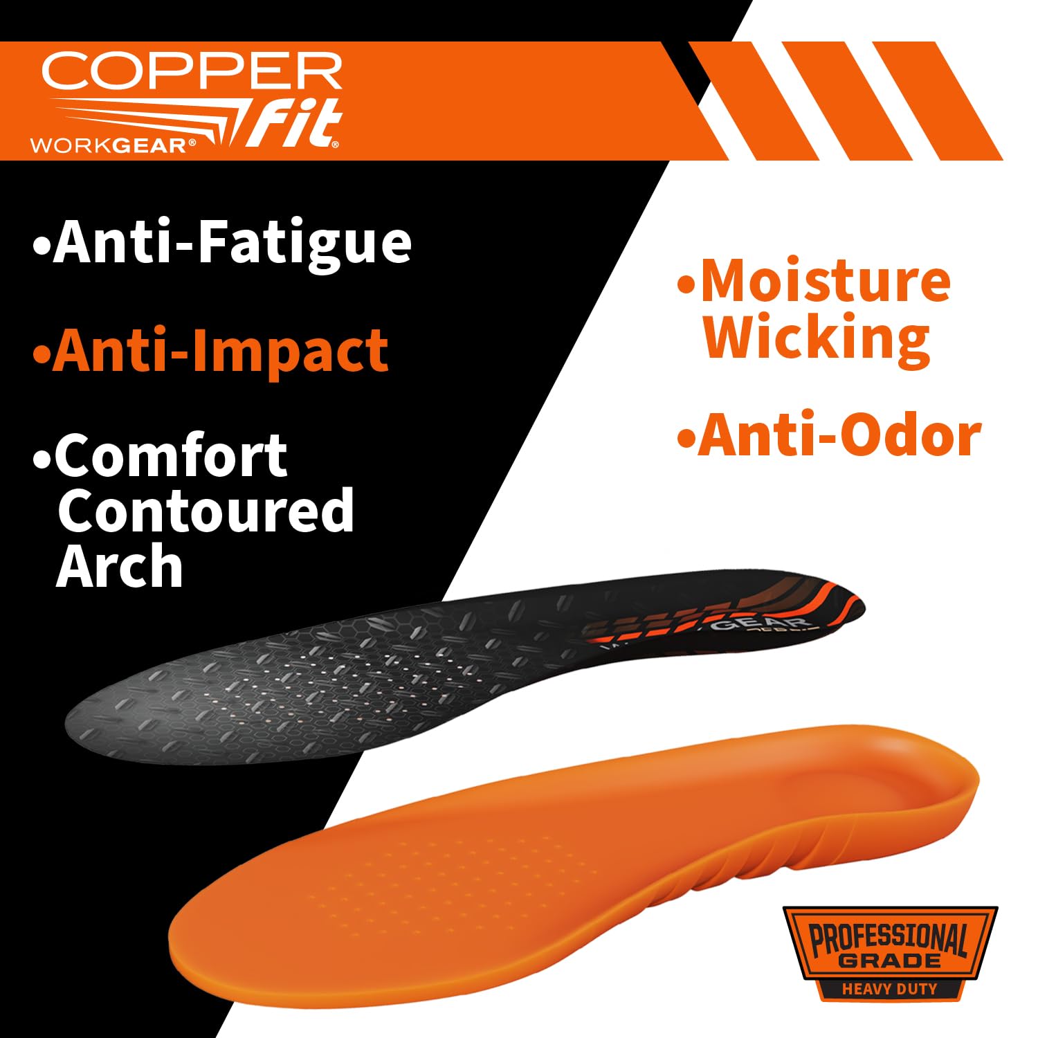 Copper Fit Pro Grade work insoles with contoured arch support for better weight distribution.