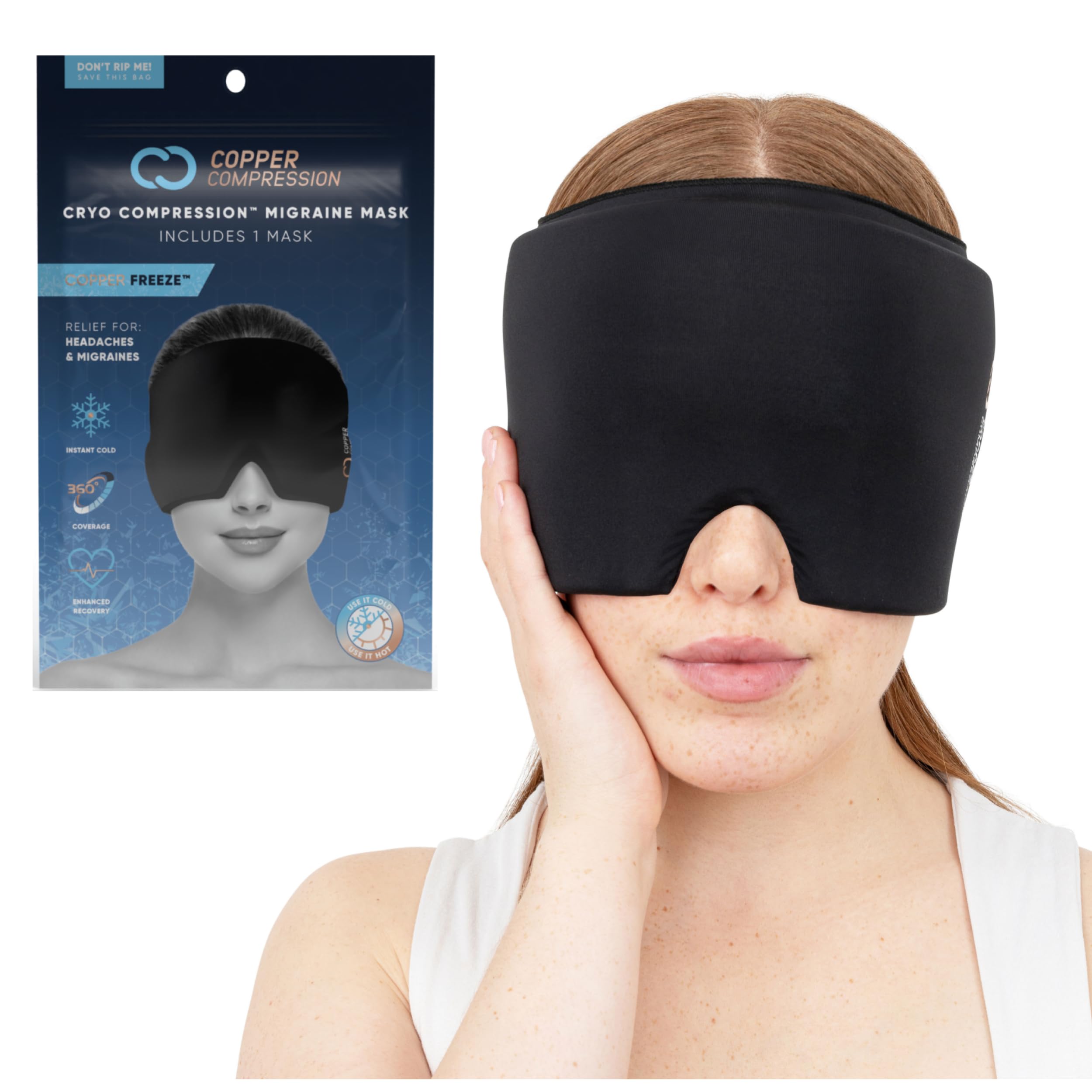 CopperFreeze Migraine Relief Cap eye-cover closeup showing light-blocking design for headache comfort.
