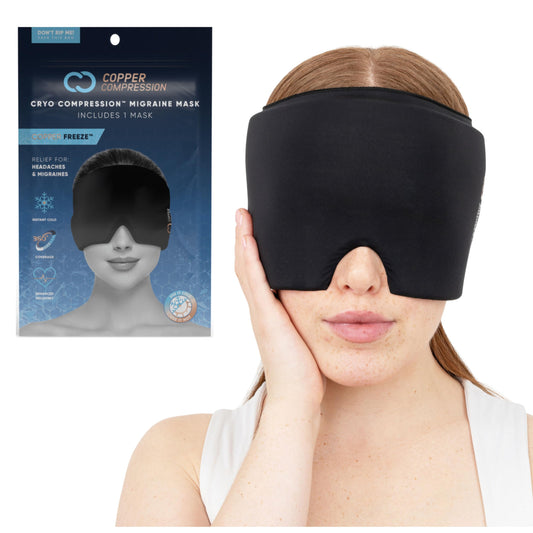CopperFreeze Migraine Relief Cap eye-cover closeup showing light-blocking design for headache comfort.