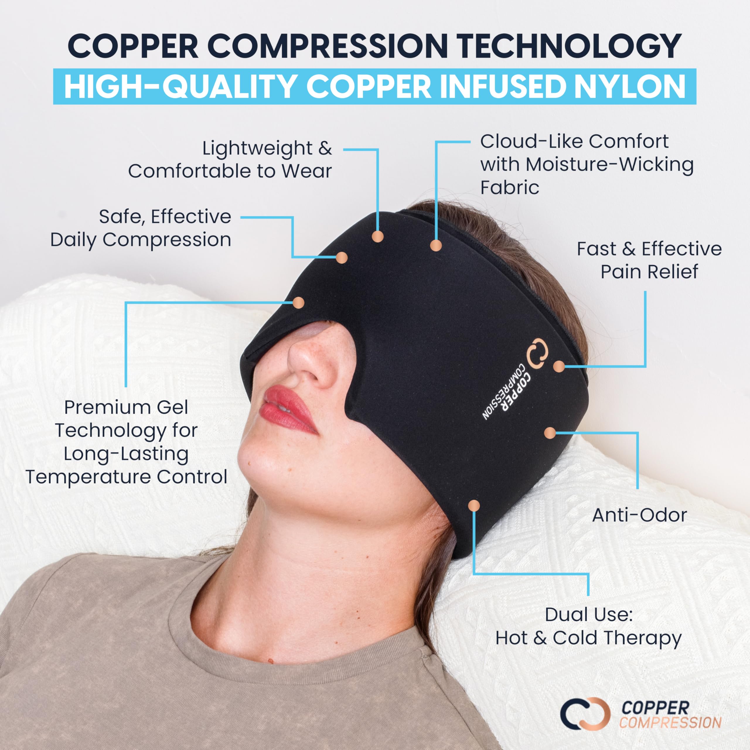 One-size CopperFreeze Cap hugs head with seamless, snug fit.