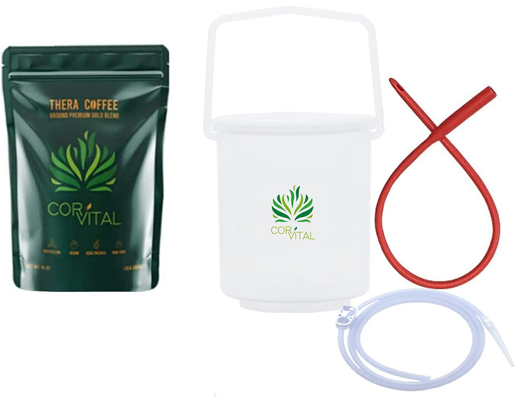 Cor-Vital coffee enema bucket with clear view for liquid level monitoring.