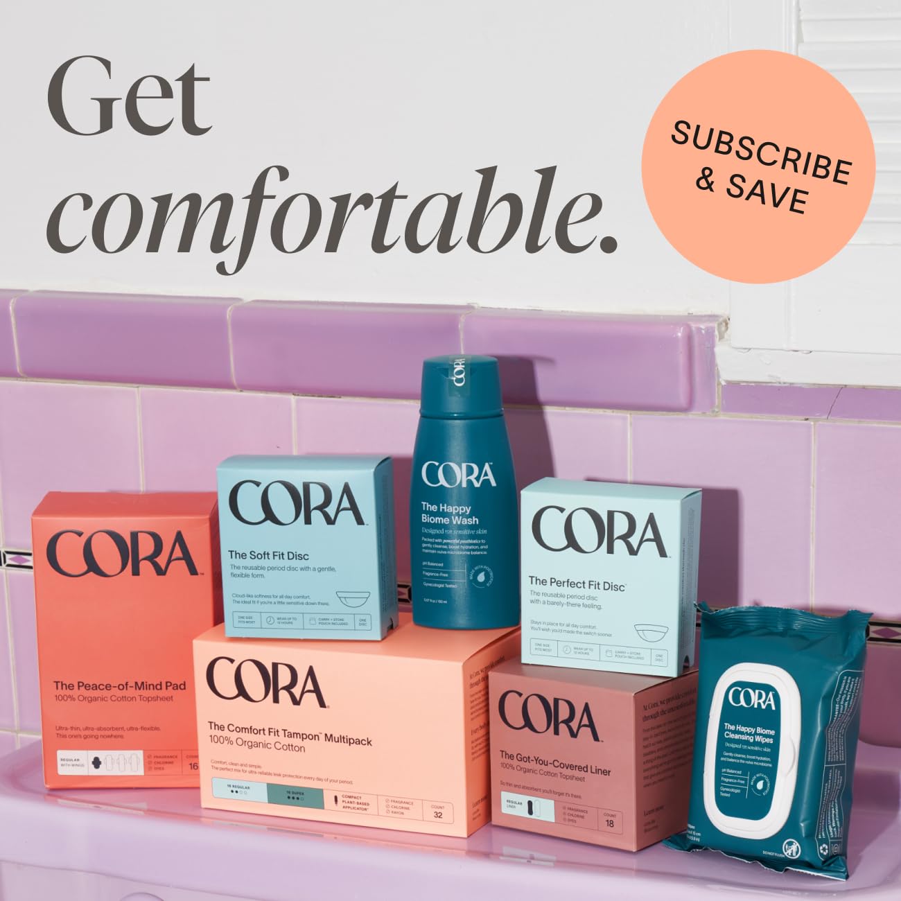 Cora 72-count tampon multipack layout designed for storage and travel.