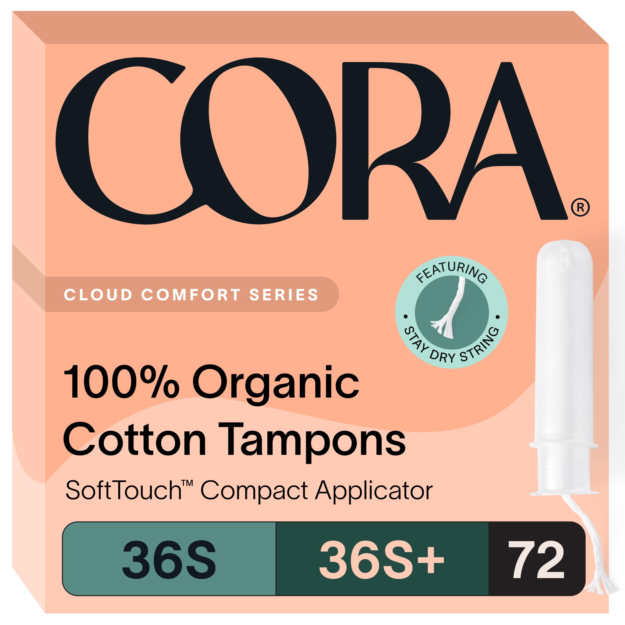 Cora organic cotton tampons packaging highlights 100% organic cotton.