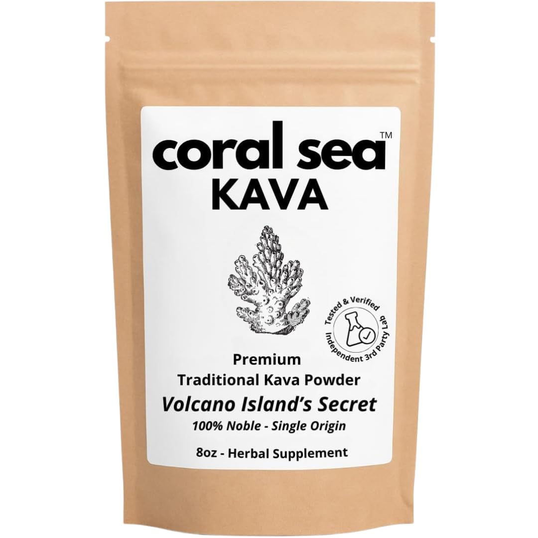 Coral Sea Kava powder bottle; noble-root quality for ceremonial use.