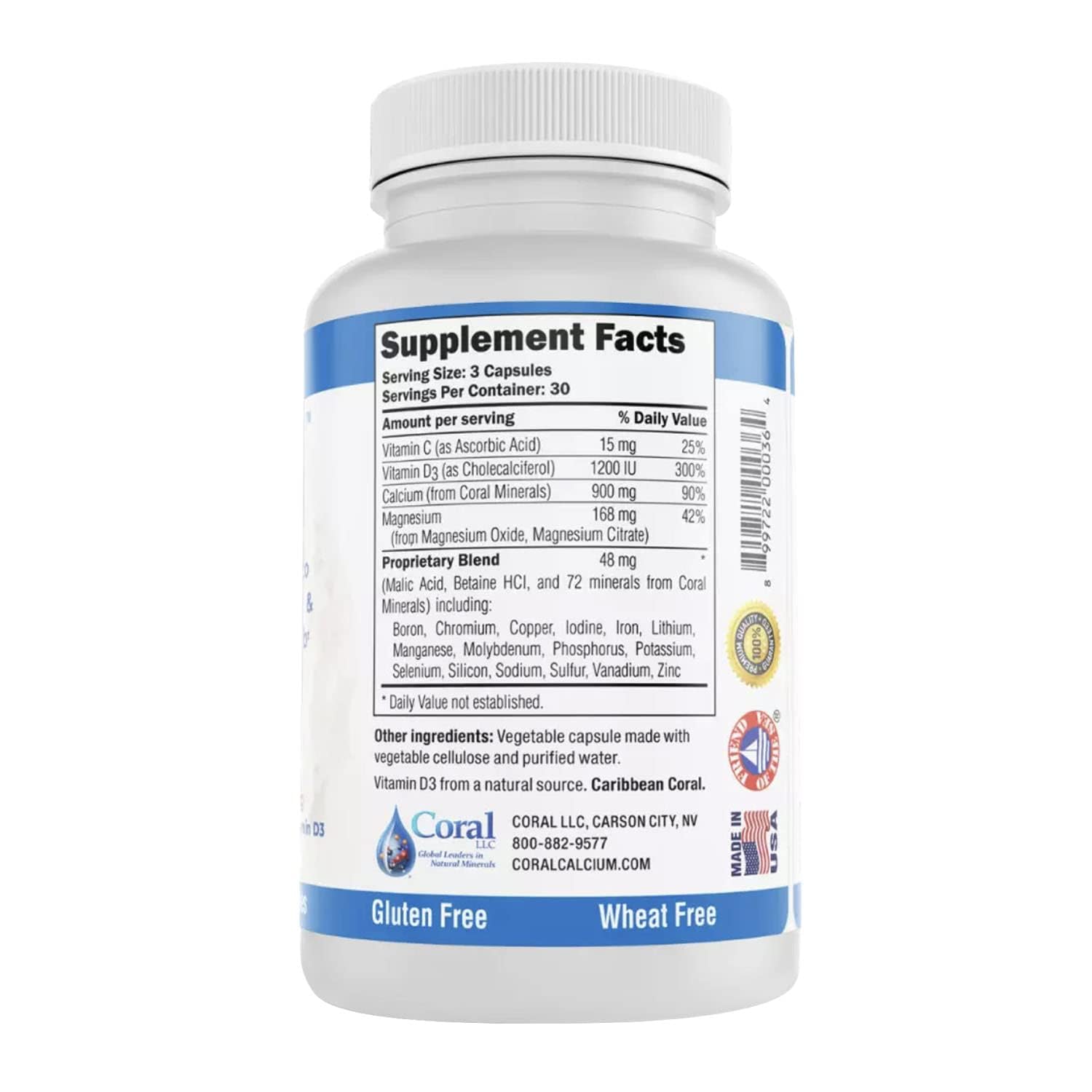 Porous fossilized coral calcium capsule emphasizing gentle digestion and absorption.
