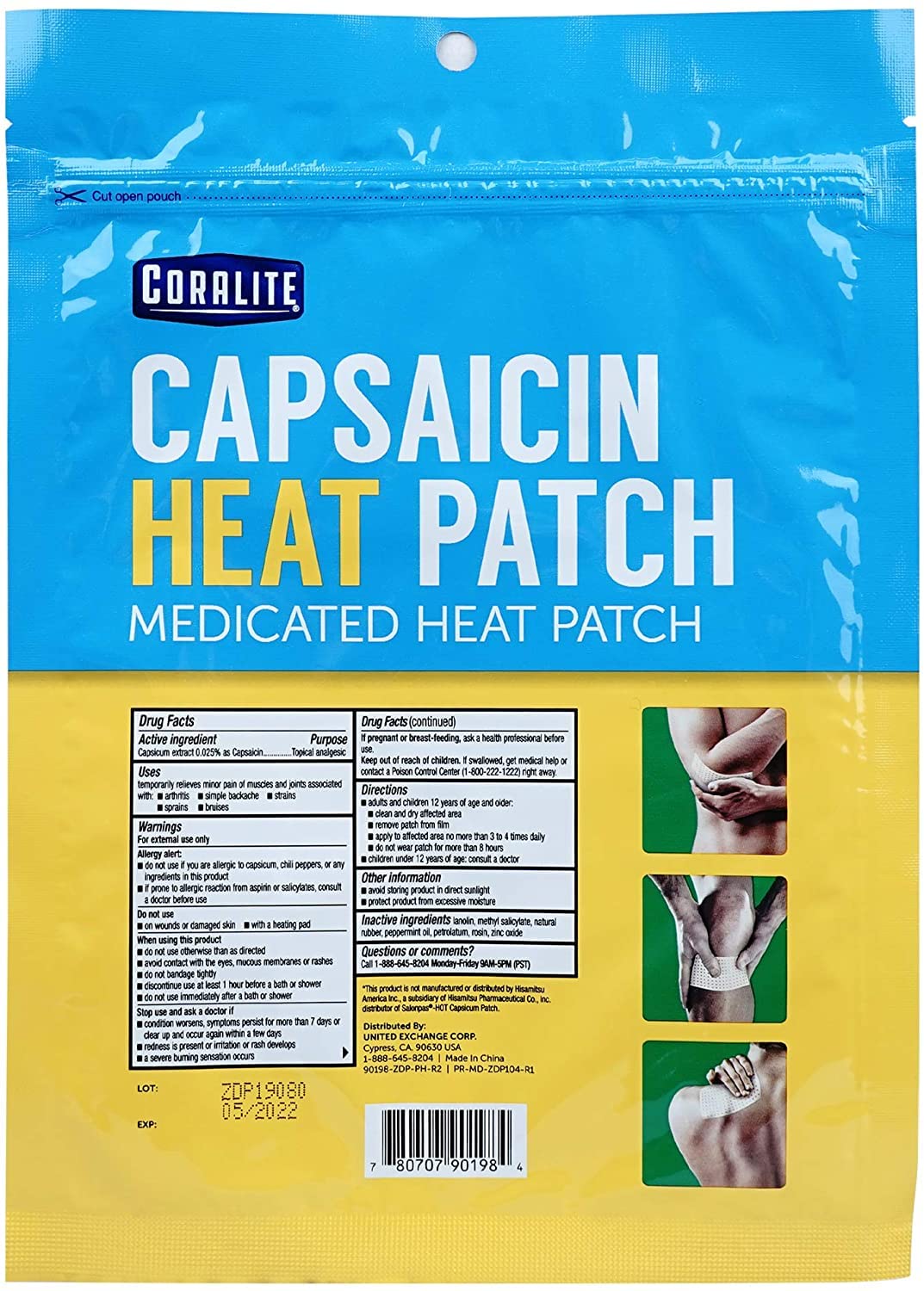 Coralite capsaicin heat patch pack contents with two patches visible