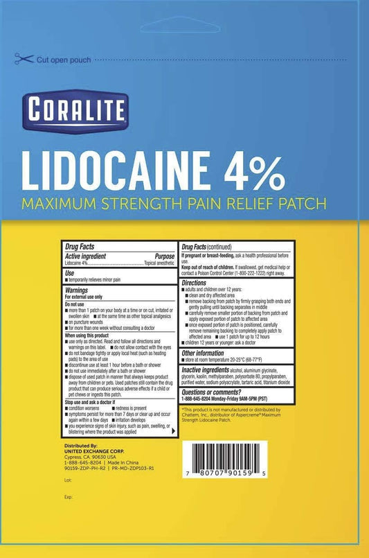 Coralite lidocaine patch close-up showing flexible, comfortable pad for extended wear.