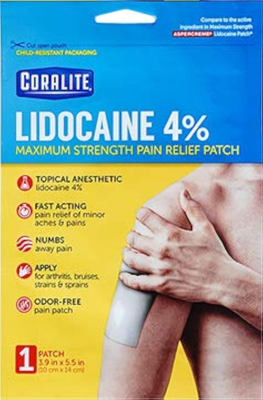 Coralite maximum strength lidocaine patch for large areas provides targeted numbing for back and shoulders.