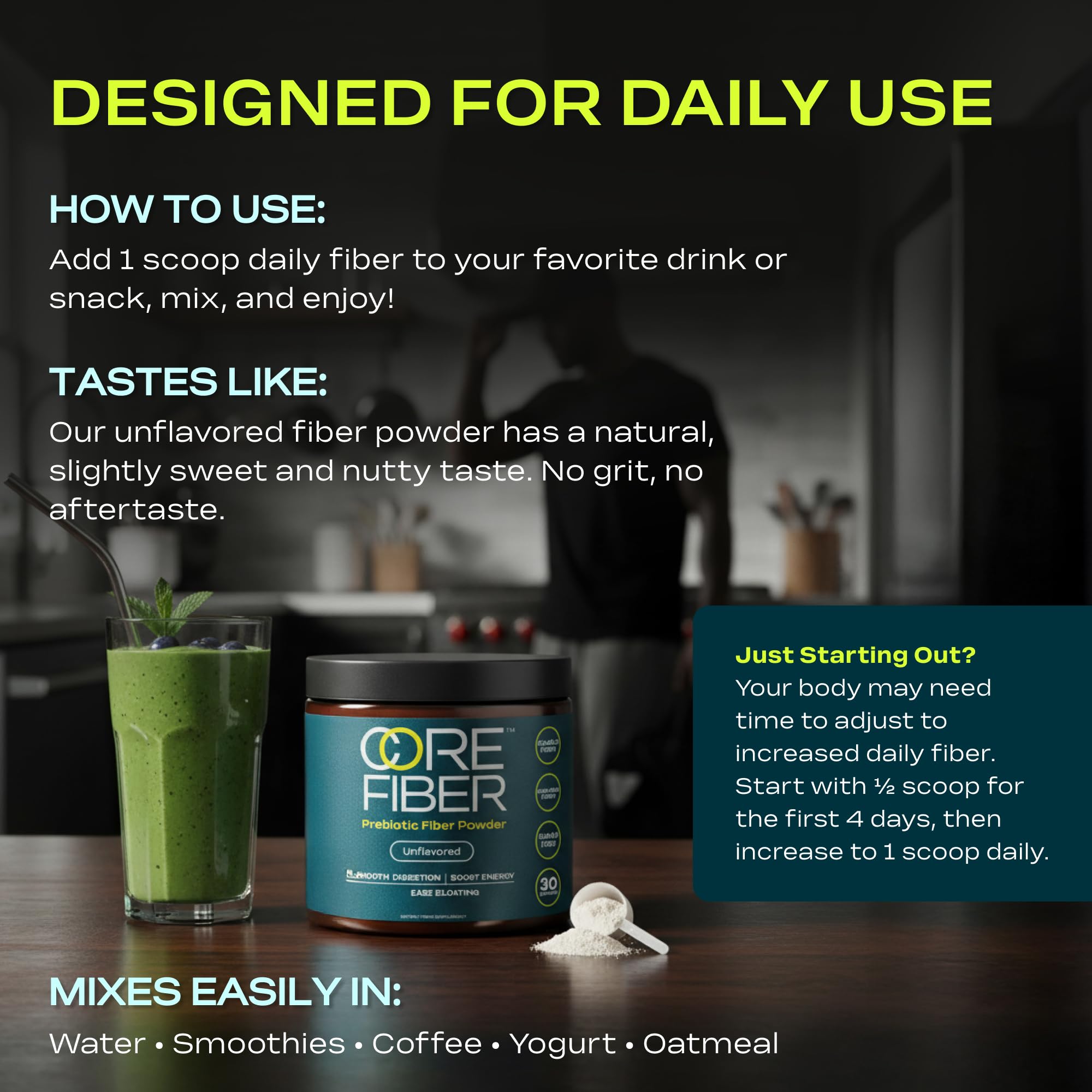 Core Fiber oatmeal bowl image suggests steady energy and fullness.