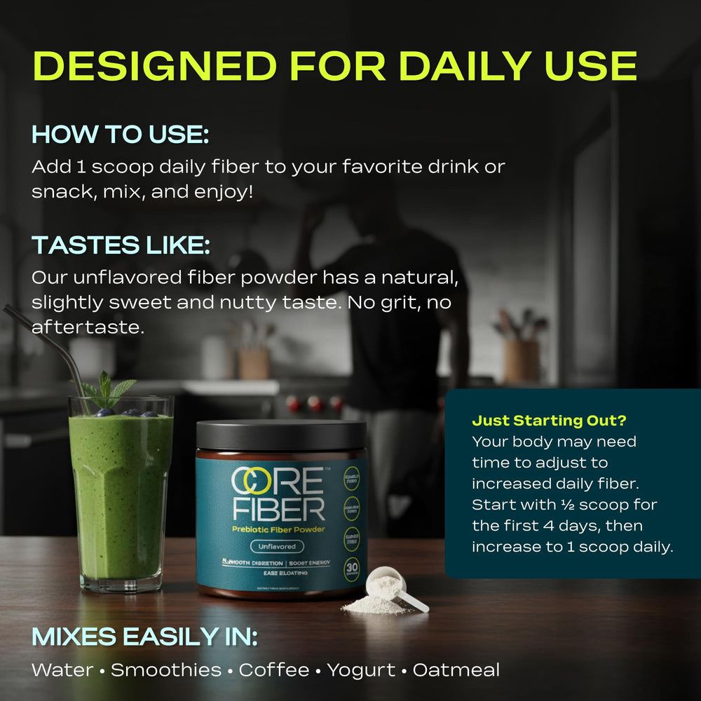 Core Fiber oatmeal bowl image suggests steady energy and fullness.