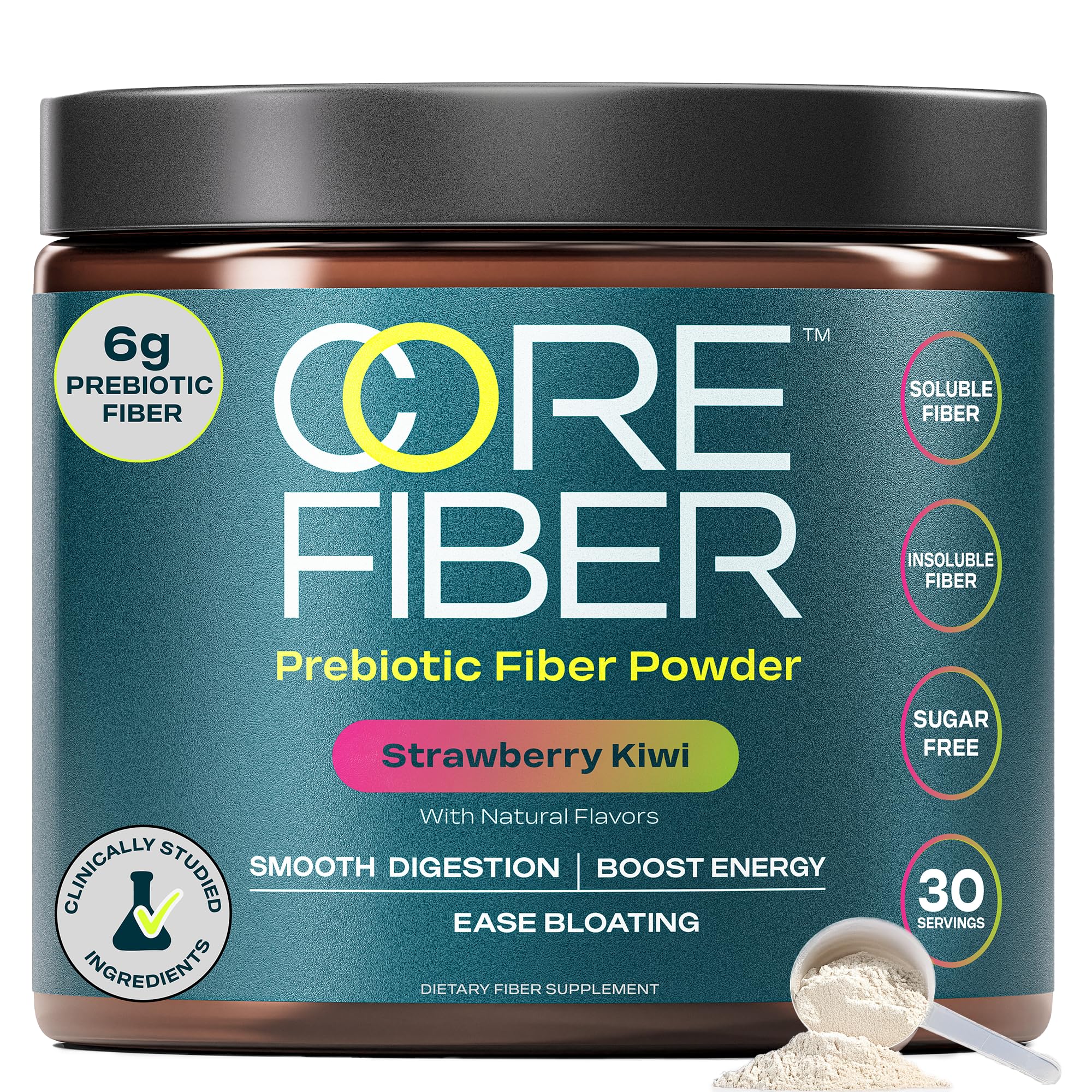 Core Fiber prebiotic powder tub with strawberry-kiwi flavor for daily gut health.