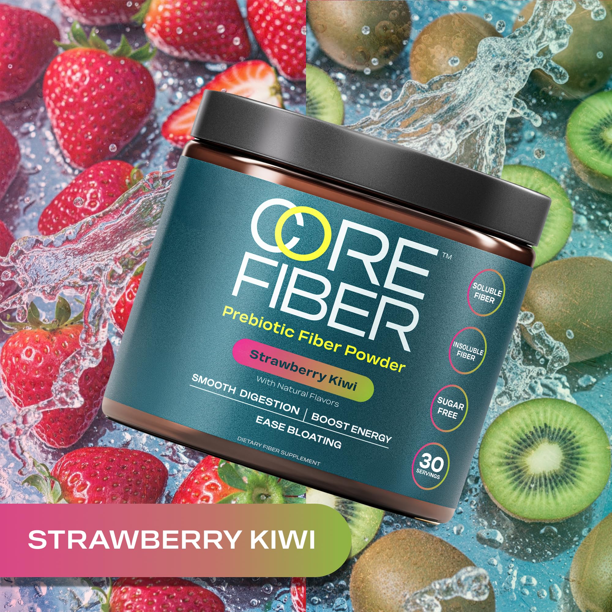 Core Fiber powder dissolving in water, strawberry kiwi flavor for a convenient daily mix.