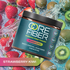 Core Fiber powder dissolving in water, strawberry kiwi flavor for a convenient daily mix.