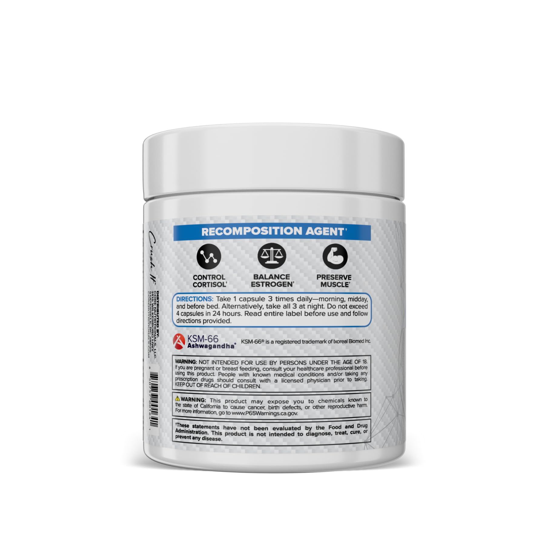 Close-up of Core HARD label highlighting KSM-66, DIM, and L-Theanine for cortisol balance and well-being.