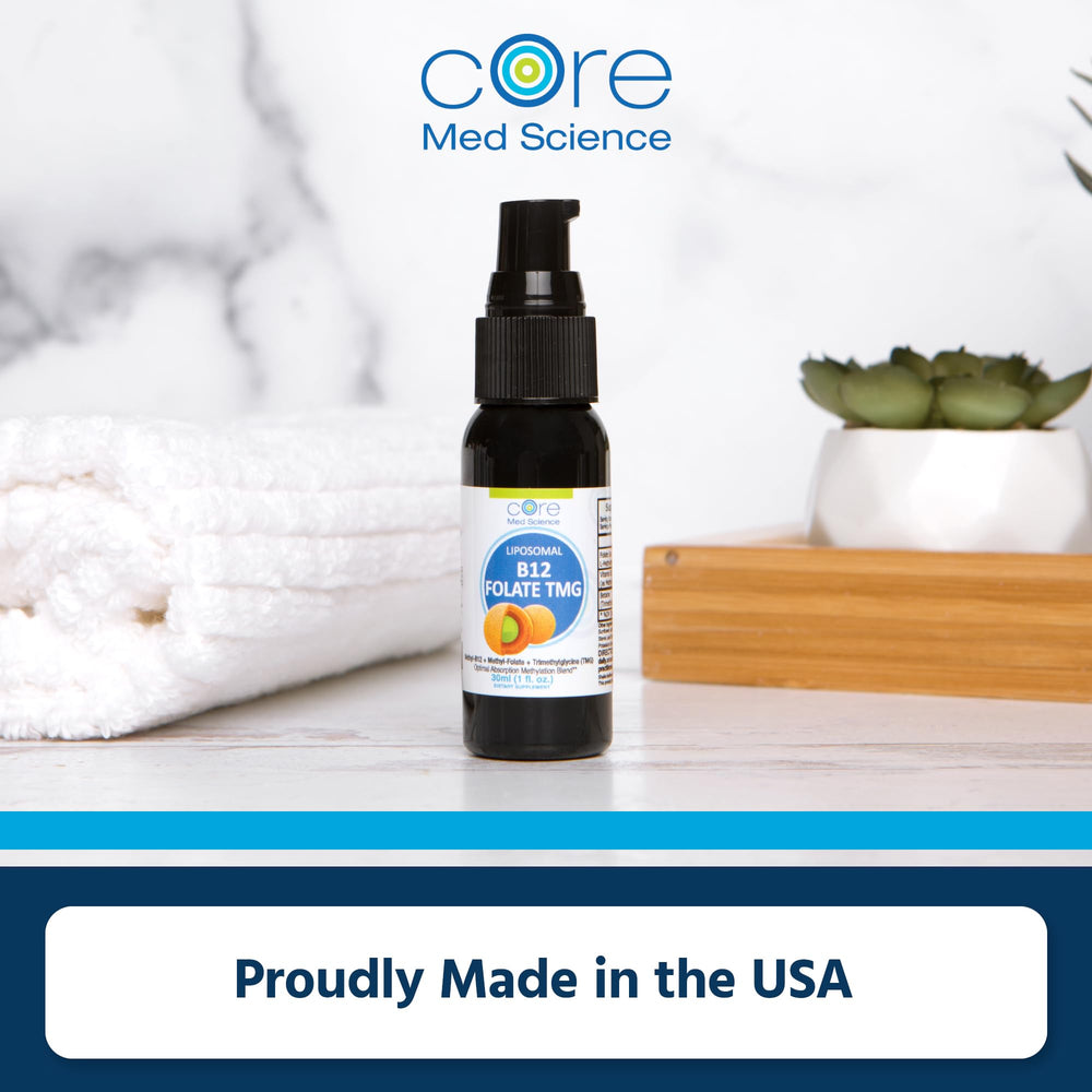 Front-label close-up of Core Med Science liposomal B12 Folate TMG bottle.