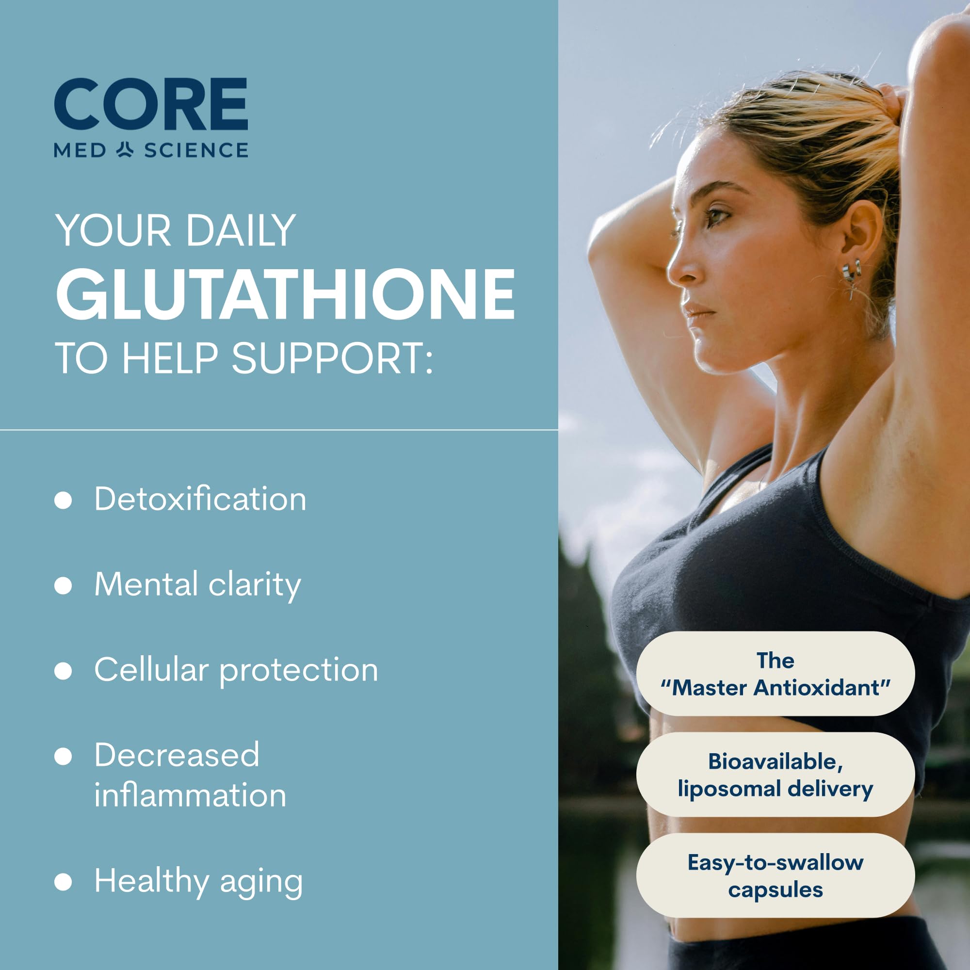 Core Med Science glutathione liquid with citrus flavor bottle showcasing flavor profile.