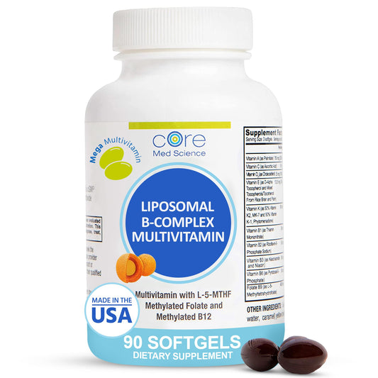 Core Med Science Liposomal Active B-Complex bottle supports energy and heart health.