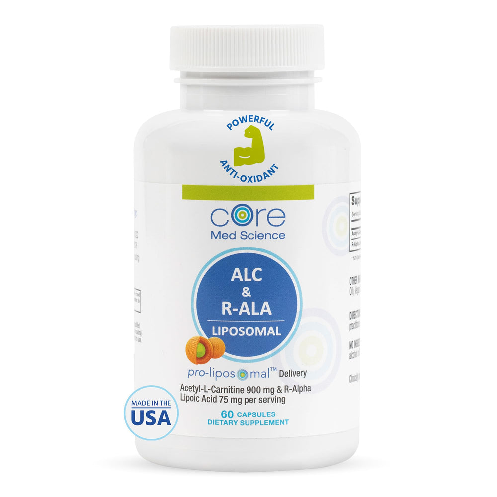 Core Med Science liposomal ALC and R-ALA capsules bottle highlighting energy-supporting formula