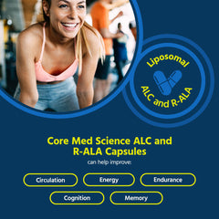 Core Med Science liposomal ALC and R-ALA capsules closeup showing easy-to-swallow design