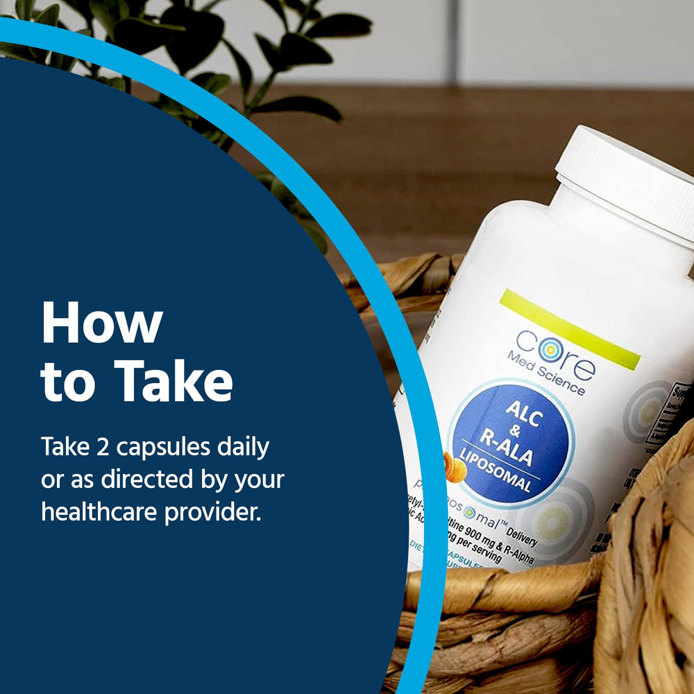 Core Med Science pill display suggests two-capsule servings for a 30-day supply