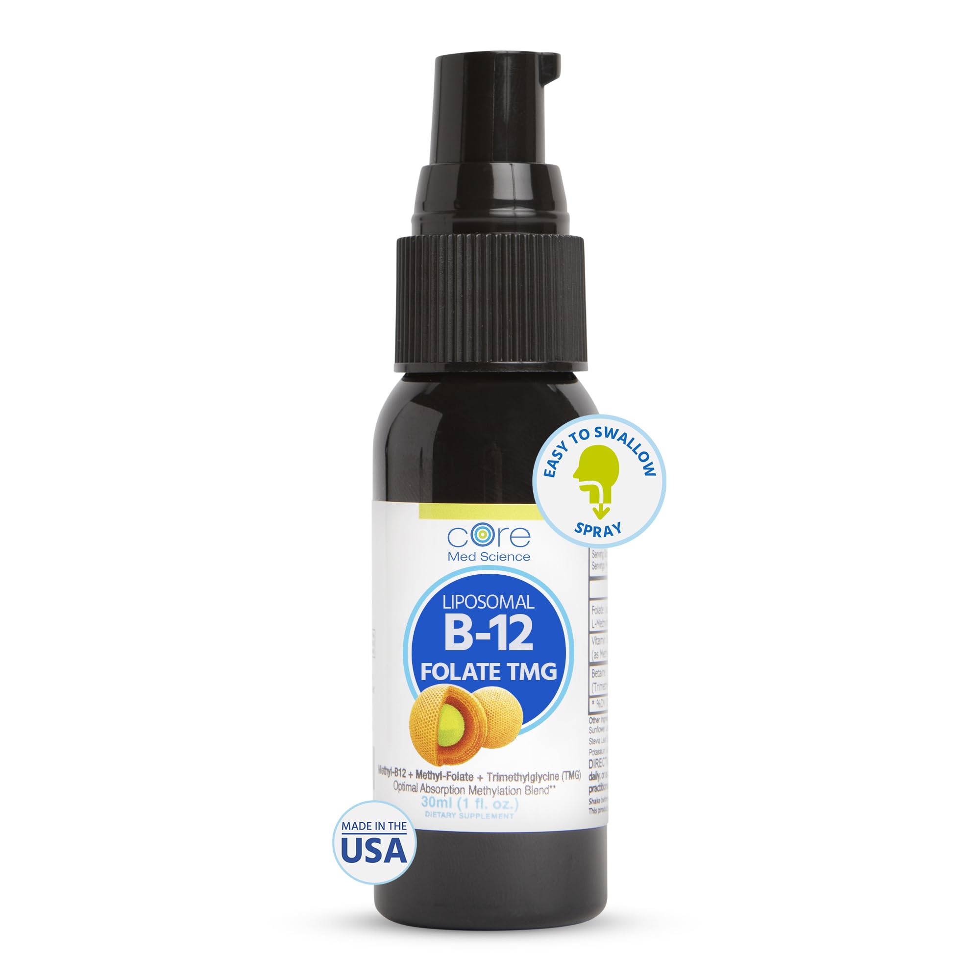 Core Med Science liposomal B12 Folate TMG spray bottle showing high-absorption formula for mood and energy.