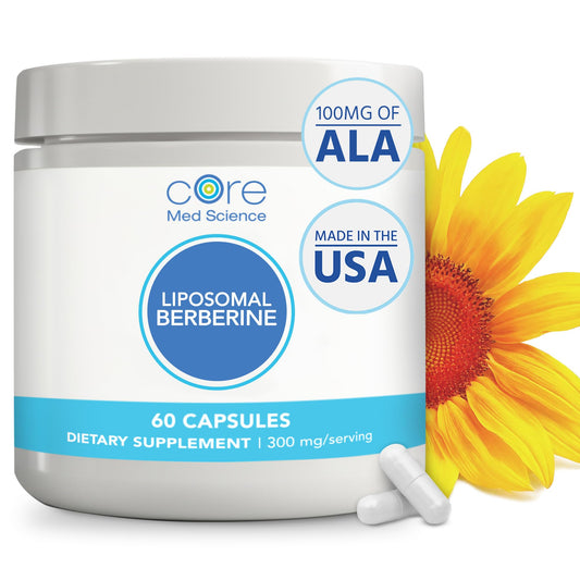 Core Med Science liposomal berberine bottle highlighting high absorption delivery for daily wellness