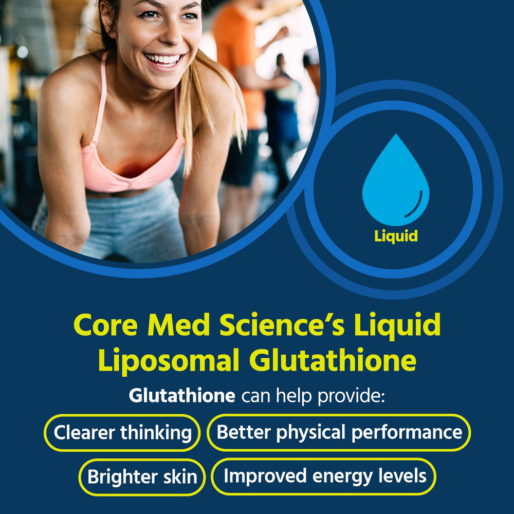 Core Med Science liposomal glutathione liquid bottle with dropper showing phospholipid complex for enhanced delivery.