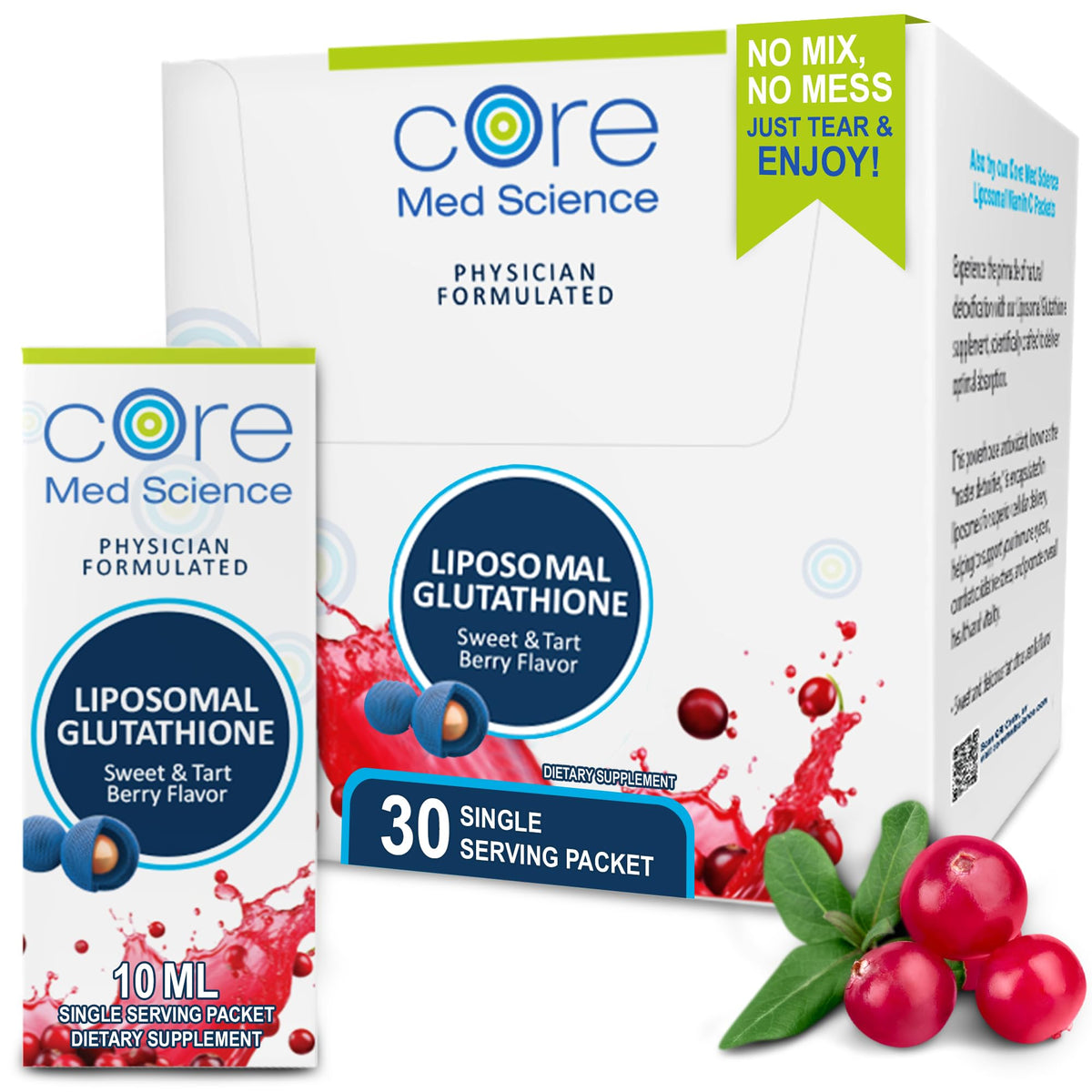 Core Med Science liposomal glutathione sweet tart berry sachets ready for daily use