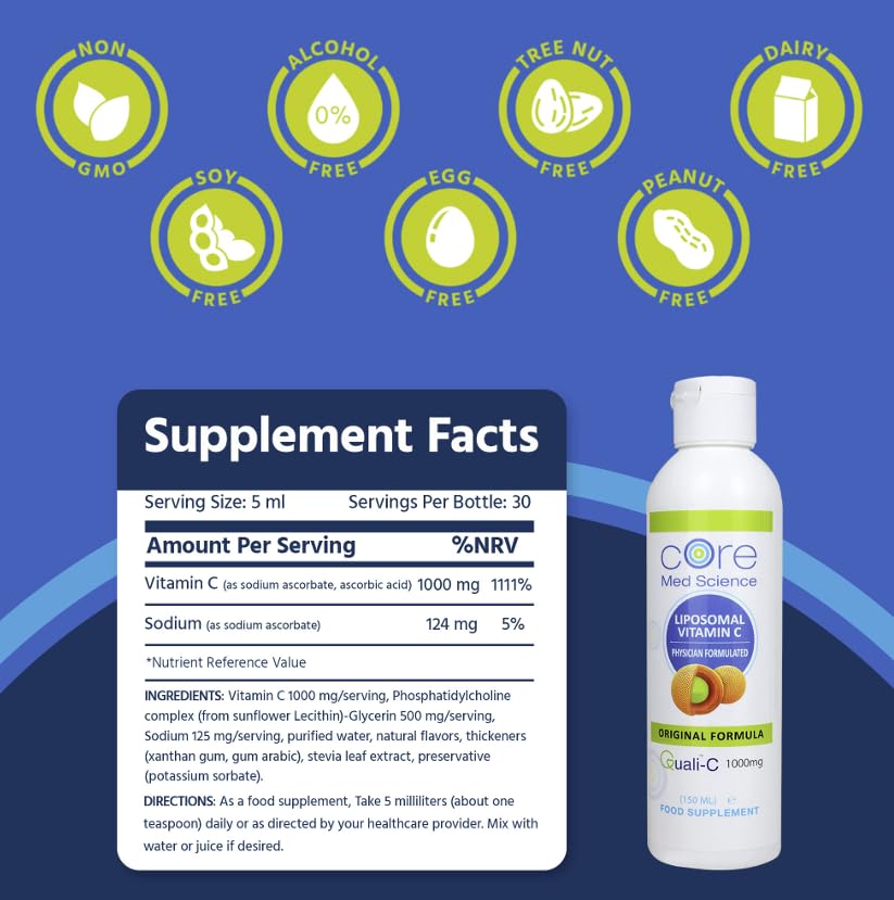 Core Med Science Liposomal Vitamin C label closeup highlights Quali-C quality and 1000 mg dosage