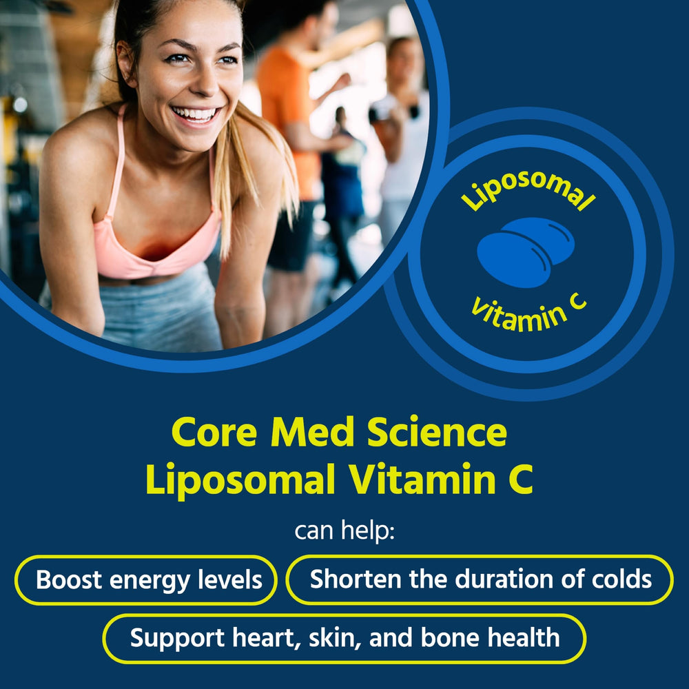 Close-up of Core Med Science liposomal Vitamin C softgels showcasing easy swallow.