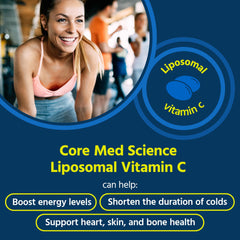 Close-up of Core Med Science liposomal Vitamin C softgels showcasing easy swallow.