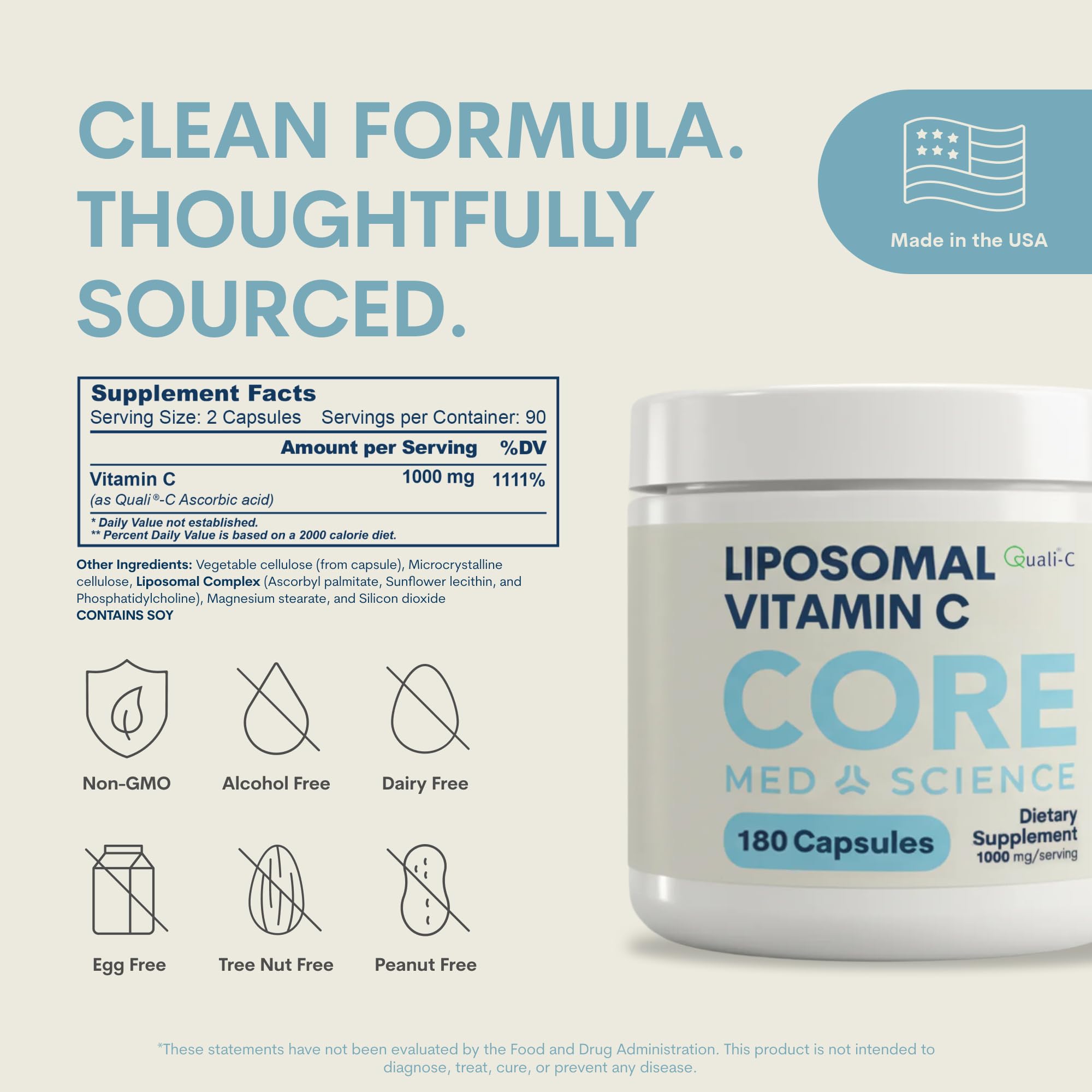 Core Med Science liposomal vitamin C label emphasizes USA-made sourcing