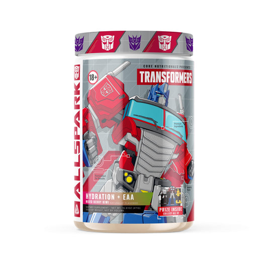 Core Nutritionals Allspark Hydration bottle showcasing a workout-ready formula for hydration and recovery