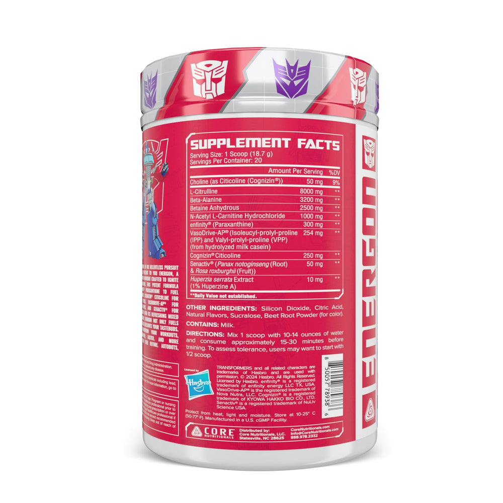 Core Nutritionals Energon label graphic shows paraxanthine energy for steady workouts.