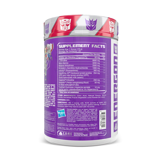 Core Nutritionals Energon pre-workout scoop on table for precise portion and sustained energy.