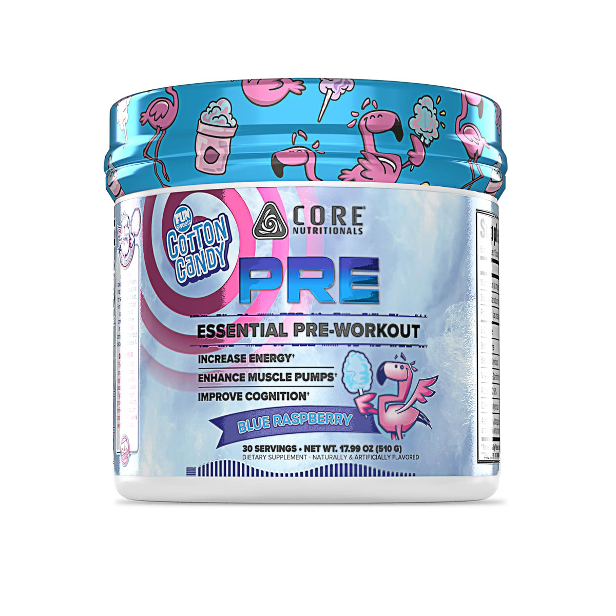 Core Nutritionals Essential Pre Workout blue raspberry serving to boost energy and focus for training