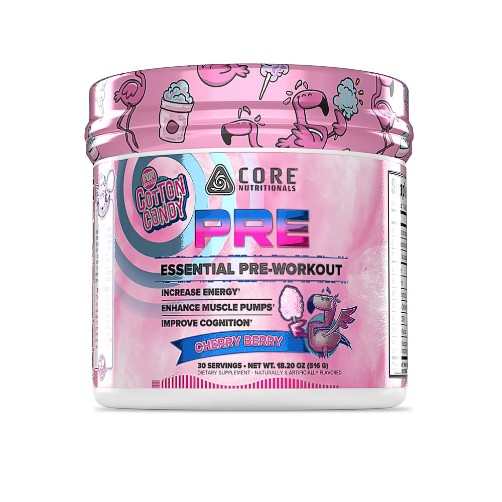 Core Nutritionals Essential Pre Workout Cherry Berry bottle pour highlighting clean energy for workouts