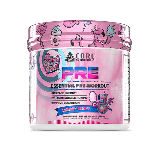 Core Nutritionals Essential Pre Workout Cherry Berry bottle pour highlighting clean energy for workouts