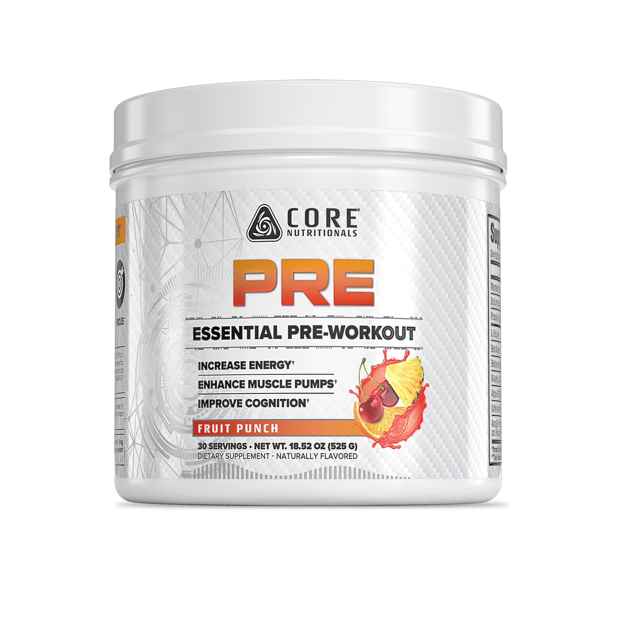 Core Nutritionals Essential Pre Workout fruit punch tub with label showcasing energy-boosting formula.