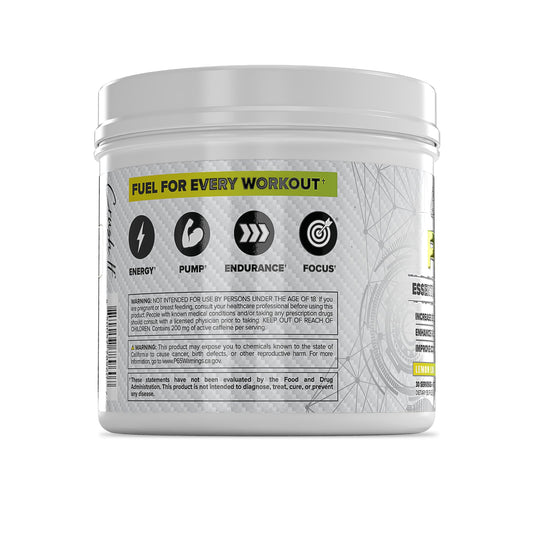 Core Nutritionals Essential Pre Workout lemon lime bottle showcases a potent formula for steady energy