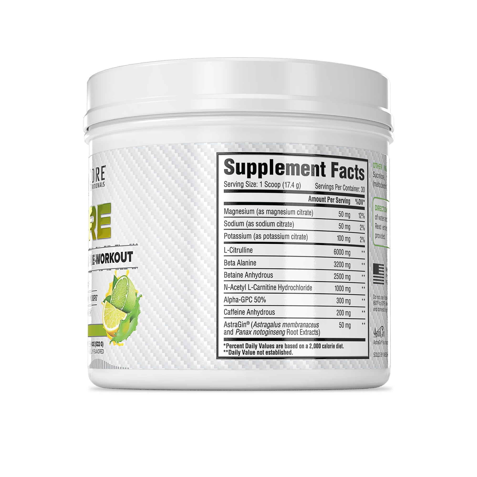 Core Nutritionals Essential Pre Workout lemon lime label highlights ingredients for endurance and focus