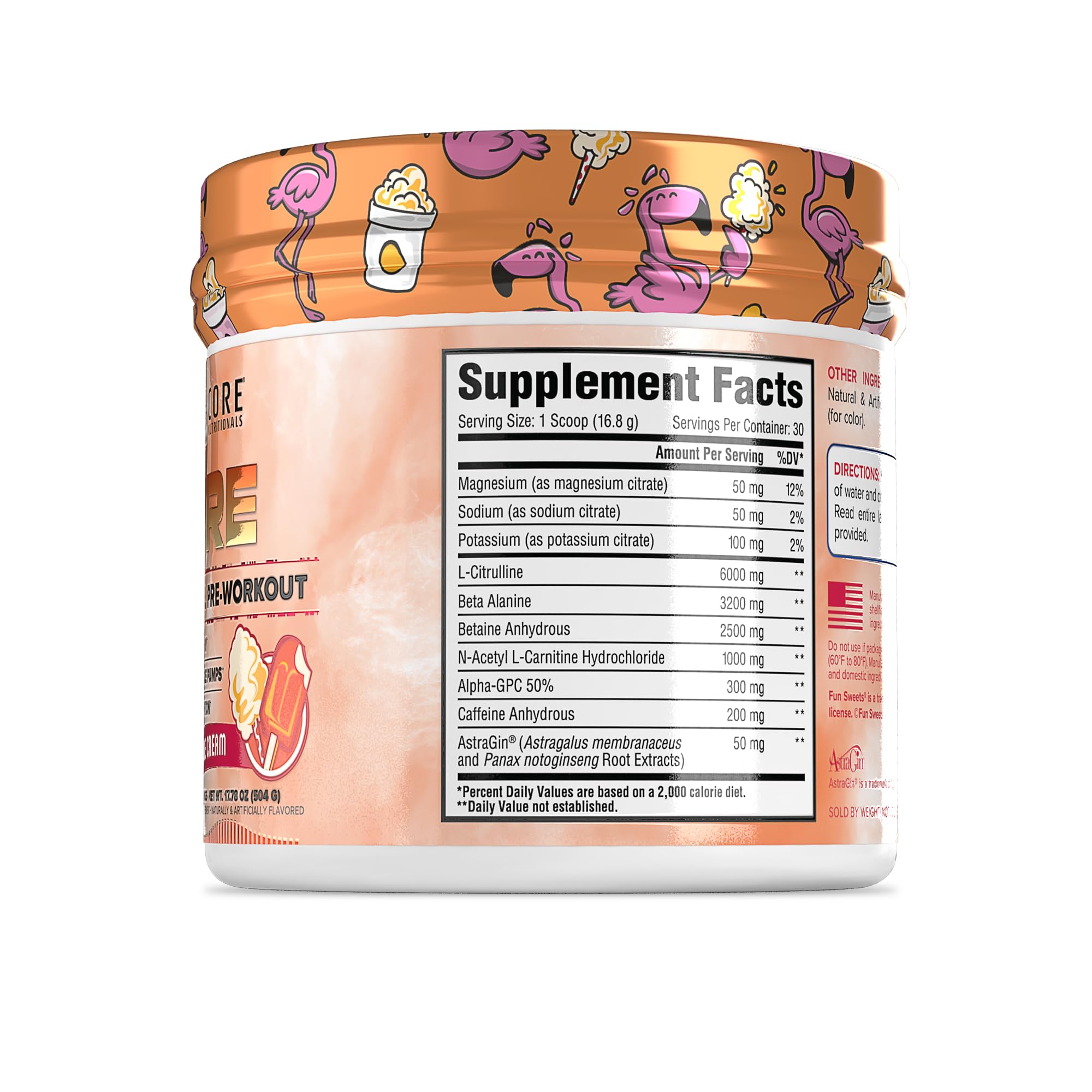 Close-up of orange cream label on Core PRE highlighting energy and pumps for workouts